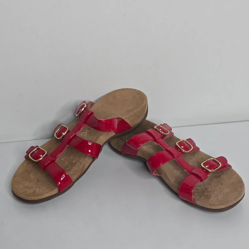Vionic‎ Womens Misa Size 7 Red Slip On Buckle Decor Sandals Orthoheel Slide